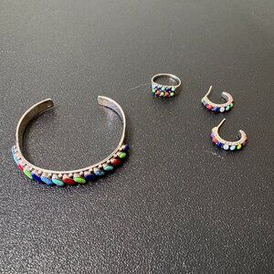 Sterling Silver 925 Western Bracelet, Earrings and Ring Set w Multi-Color Stones